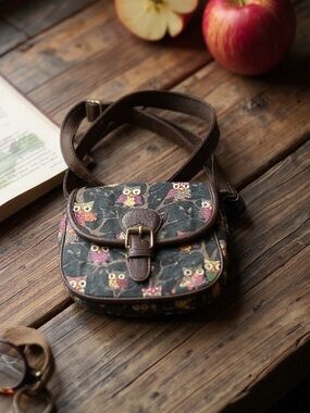 Owl Design‎ Brown Canvas Crossbody Purse Bag Boho Cottagecore Woodland Small